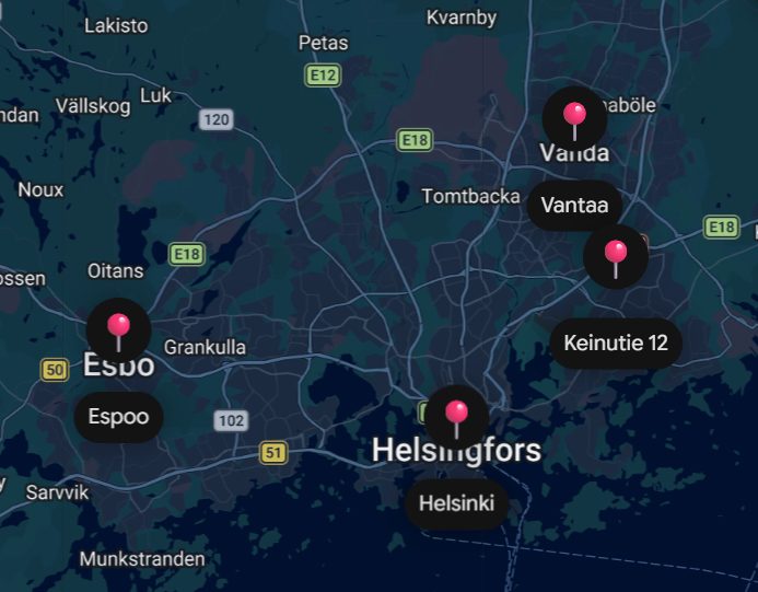 Service area map: Helsinki, Espoo, Vantaa